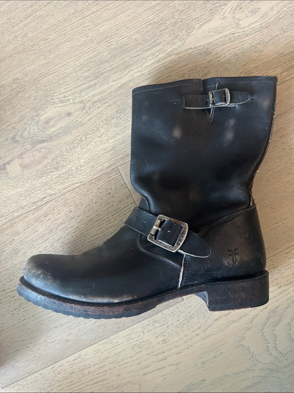 Frye Distressed Black/Dark Brown Leather Engineer Boot with Silver Buckles - Picture 2 of 4